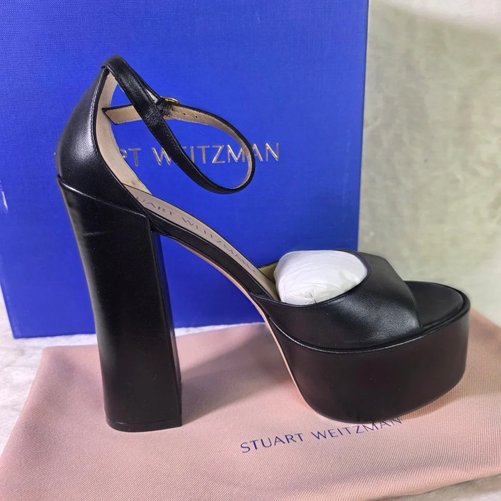 Stuart Weitzman Skyhigh 145 Platform Sandal Black Leather Womens 10.5 NEW